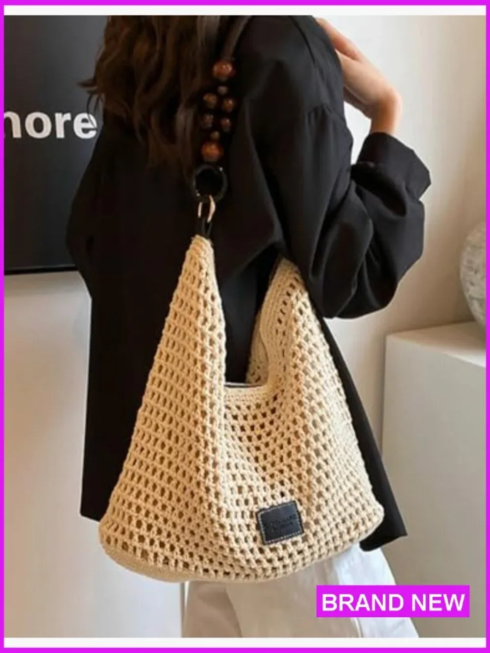 Crochet Summer Beach Bag Woven Cotton Hobo Handbag Bohemian Bead Shoulder Purse